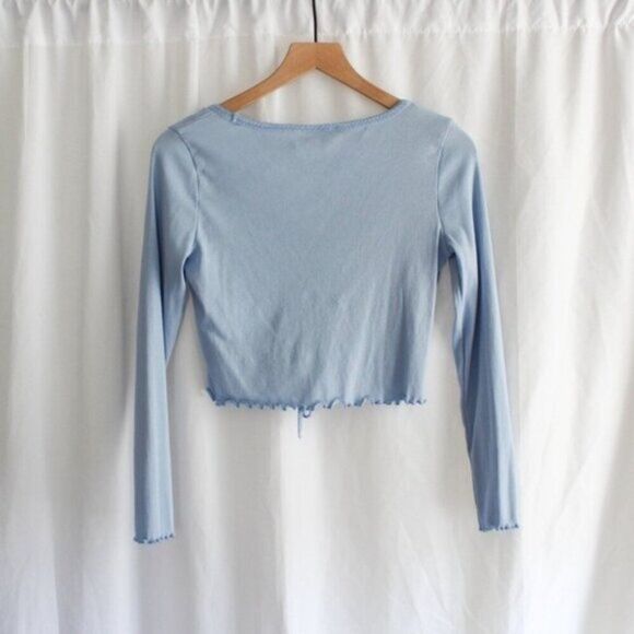 H&M Medium Ribbed Long Sleeve Ruched Crop Top with Tie Light Blue Medium - Picture 3 of 7